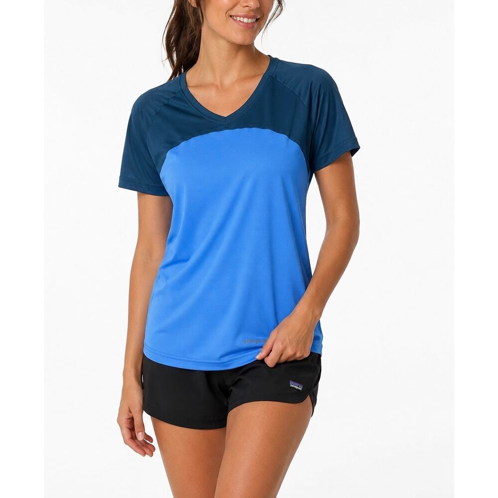 Patagonia Windchaser Trail Running Shirt Blue Colorblock VNeck Active Top Medium